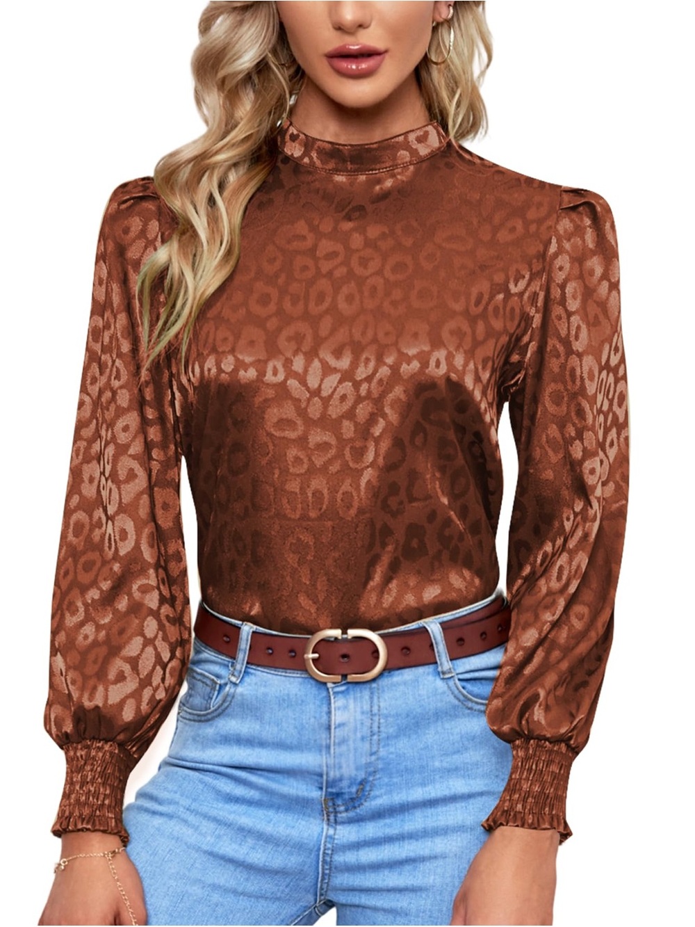 Satin Leopard-Print Mock Neck Blouse in Brown